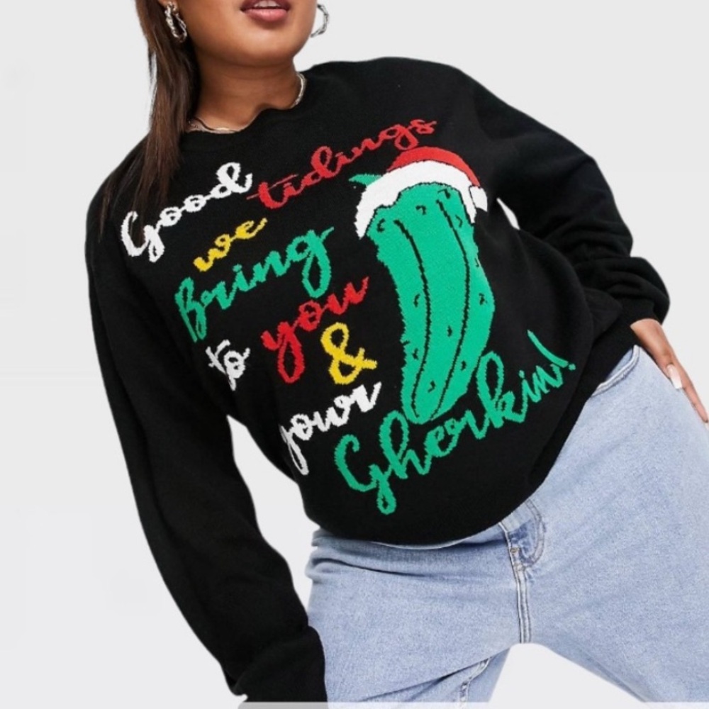 Threadbare Plus Christmas Gherkin Women's Knit Sweater In Black Size 14US